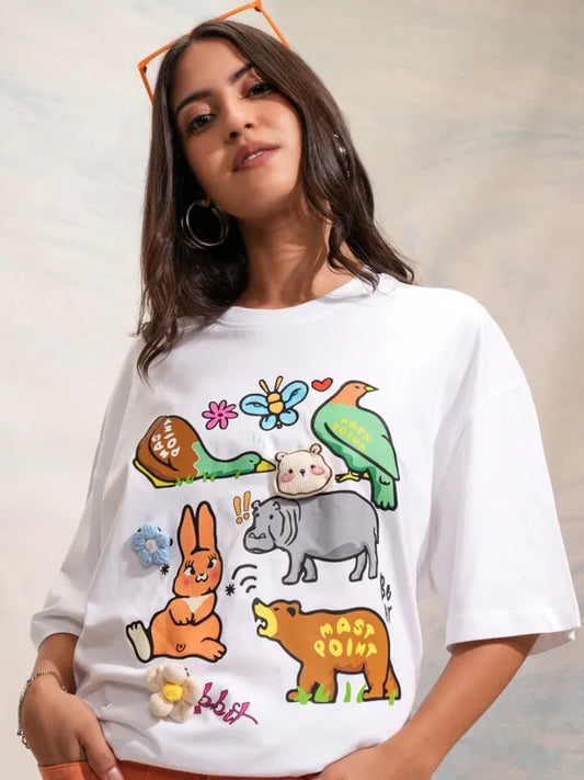 Women White Printed Round Neck Oversized Fit T-Shirt