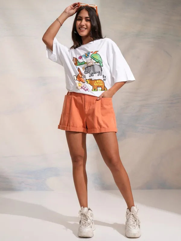 Women White Printed Round Neck Oversized Fit T-Shirt