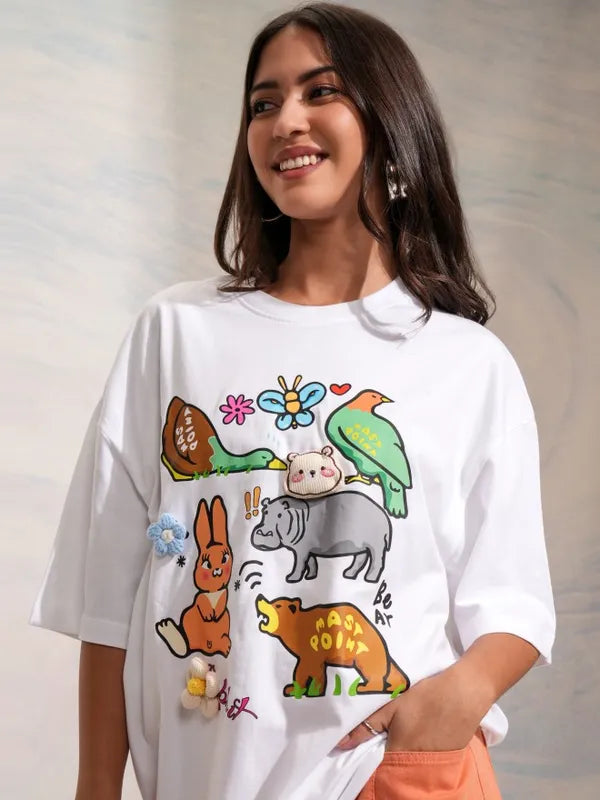 Women White Printed Round Neck Oversized Fit T-Shirt