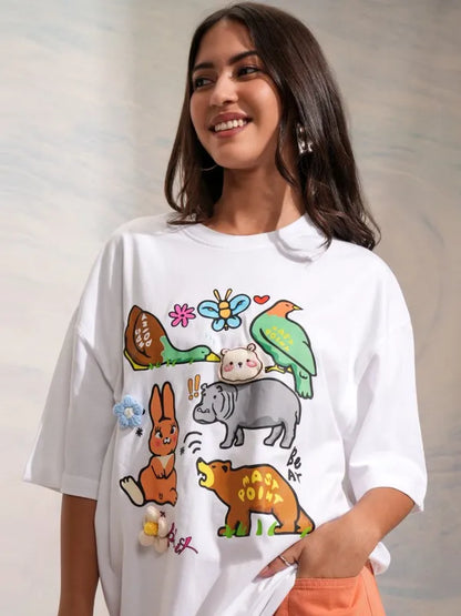Women White Printed Round Neck Oversized Fit T-Shirt