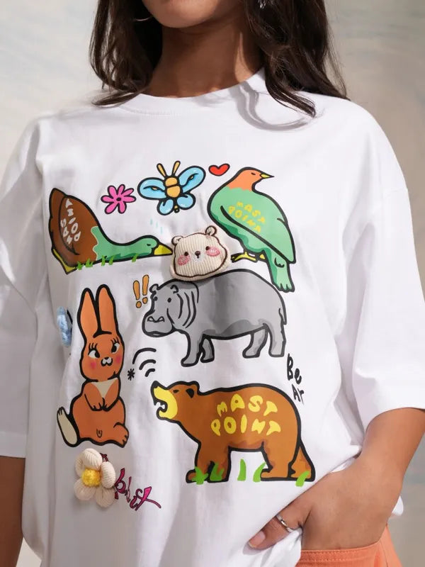 Women White Printed Round Neck Oversized Fit T-Shirt
