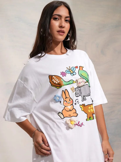 Women White Printed Round Neck Oversized Fit T-Shirt
