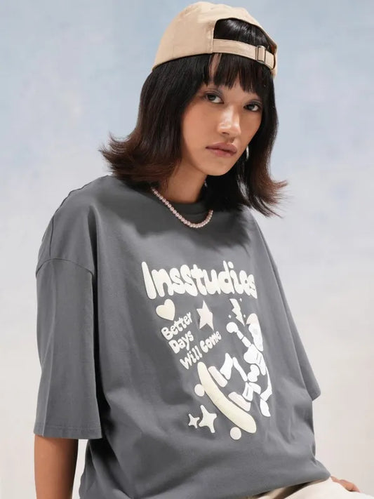Suburbans  Suburbans  Grey Printed Round Neck Oversized Fit T-Shirt