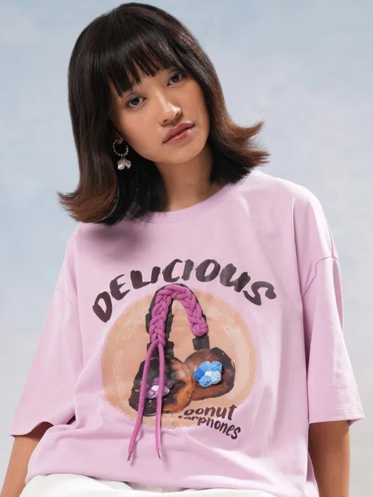 Suburbans   Women Lavender Printed Round Neck Oversized Fit T-Shirt