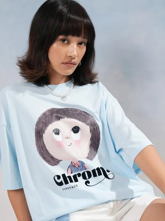 Suburbans   Women Blue Printed Round Neck Oversized Fit T-Shirt