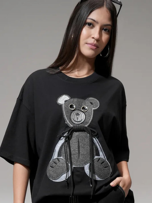 Suburbans  Women Black Self Design Oversized Fit T-Shirt