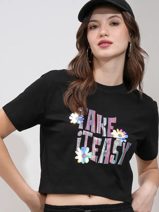 Suburbans  Women Black Printed Round Neck T-Shirt