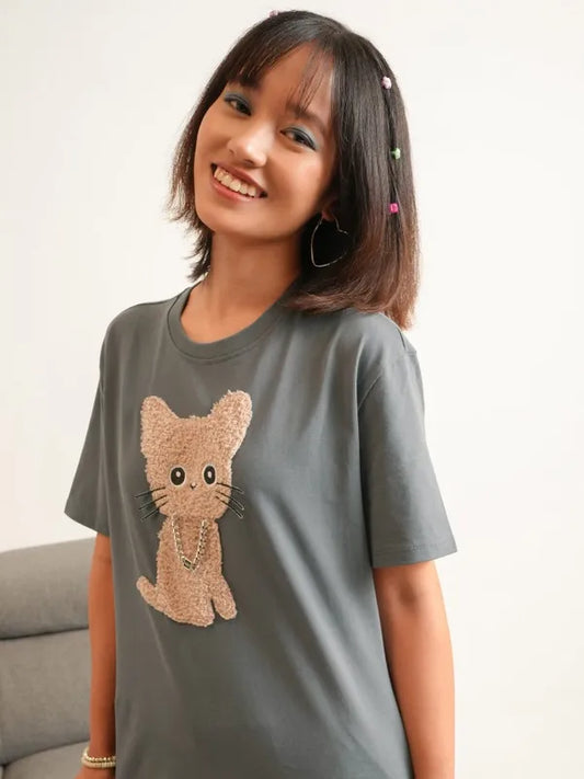 Suburbans  Women Grey Self Design Round Neck T-Shirt