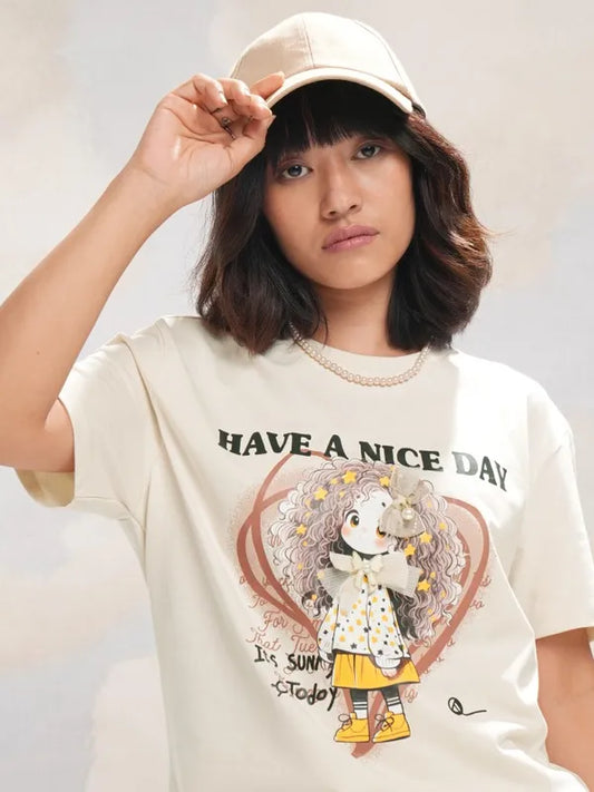 Women Off White Printed Round Neck Relaxed Fit T-Shirt