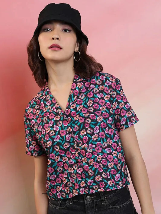 Suburbans   Women Black Printed Casual Shirts
