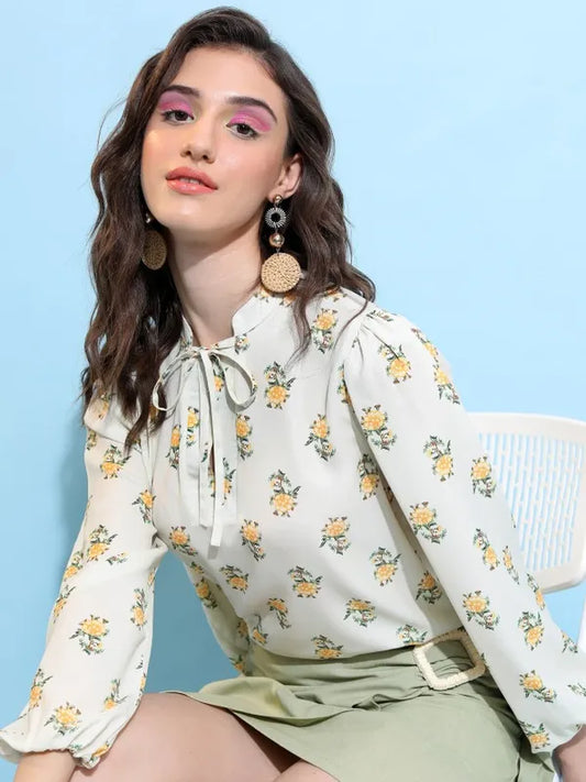 Suburbans  Women Off White Printed Regular Tops