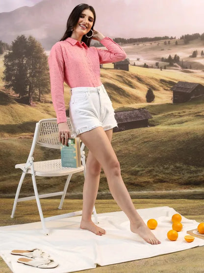 Suburbans  Women Pink Self Design Casual Shirts