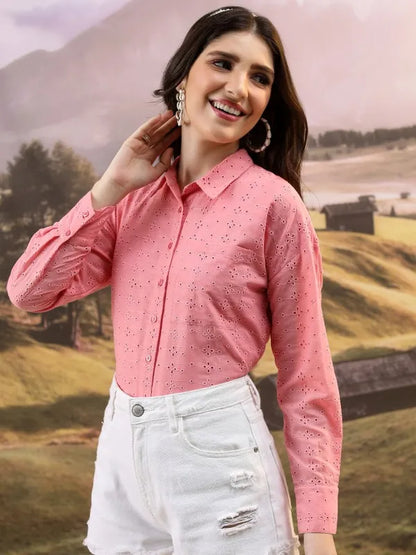 Suburbans  Women Pink Self Design Casual Shirts