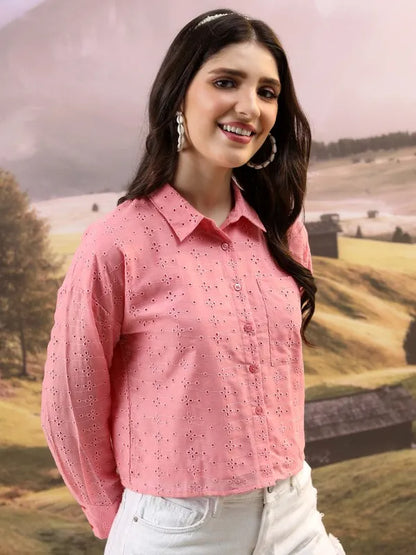 Suburbans  Women Pink Self Design Casual Shirts