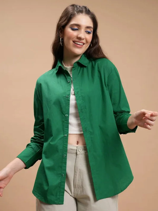 Suburbans  Women Green Solid Casual Shirts