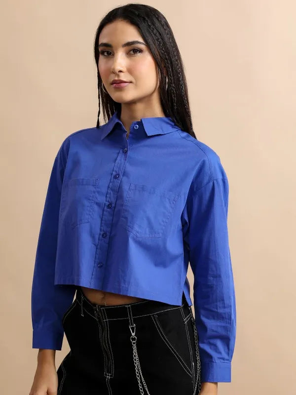 Suburbans  Women Blue Solid Casual Shirts