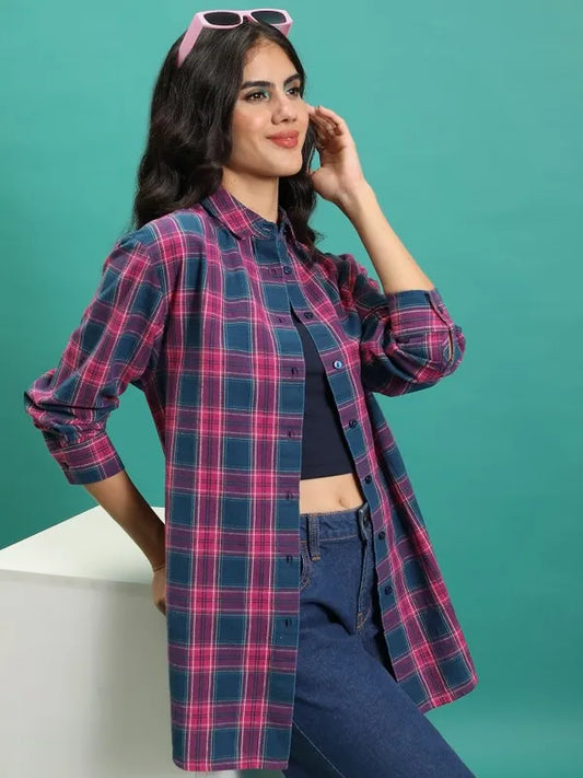 Suburbans  Women Teal Checked Casual Shirts