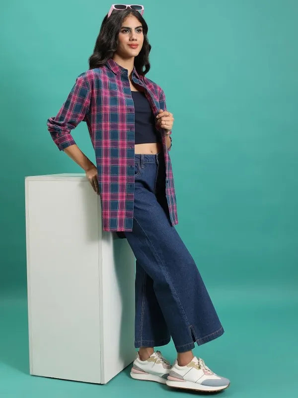 Suburbans  Women Teal Checked Casual Shirts