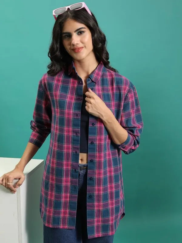 Suburbans  Women Teal Checked Casual Shirts