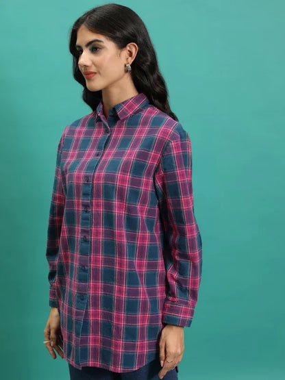 Suburbans  Women Teal Checked Casual Shirts
