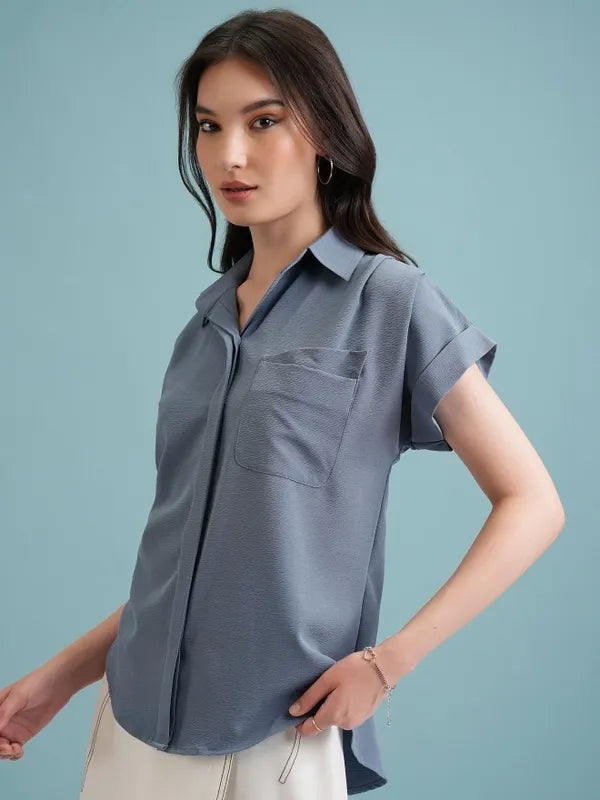 Suburbans   Women Blue Self Design Casual Shirts