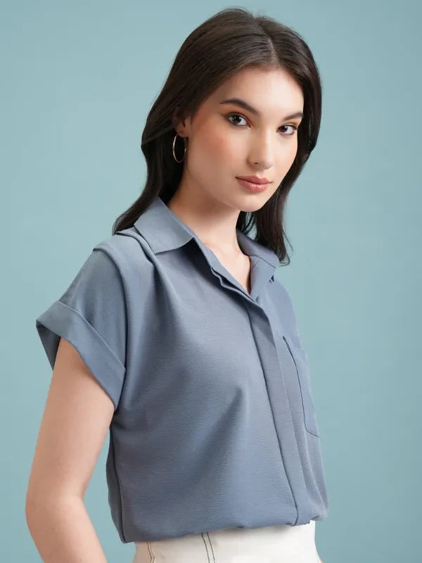 Suburbans   Women Blue Self Design Casual Shirts