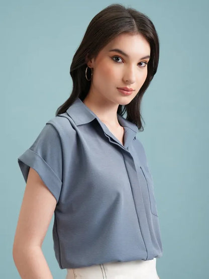 Suburbans   Women Blue Self Design Casual Shirts