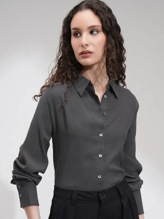Suburbans  Women Charcoal Solid Relaxed Fit Casual Shirt