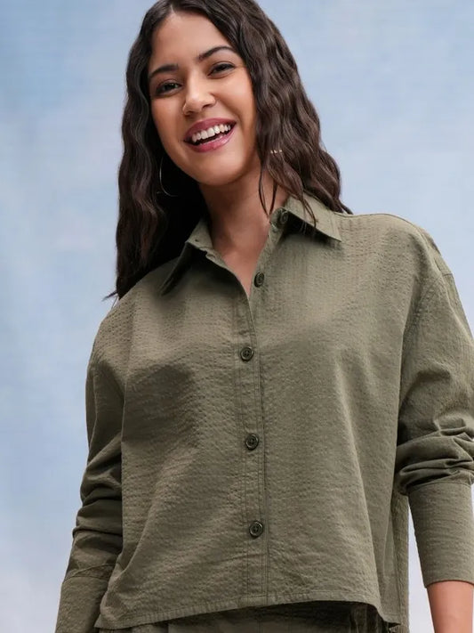 Suburbans  Women Olive Textured Casual Shirt