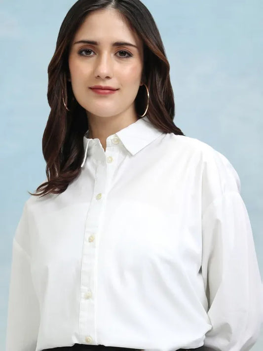 Suburbans   Women Off White Solid Regular Fit Casual Shirt