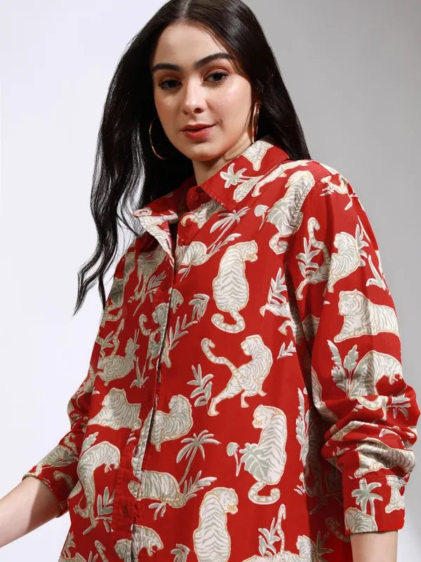 Women Red Printed Oversized Fit Casual Shirt