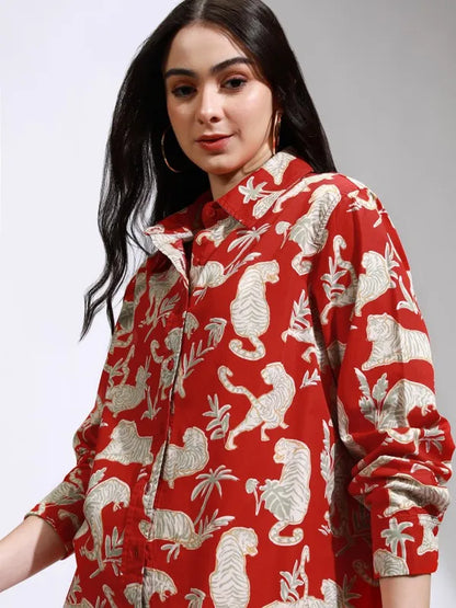 Women Red Printed Oversized Fit Casual Shirt