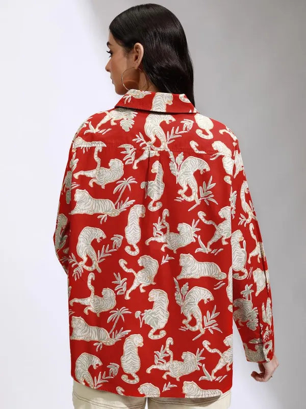 Women Red Printed Oversized Fit Casual Shirt
