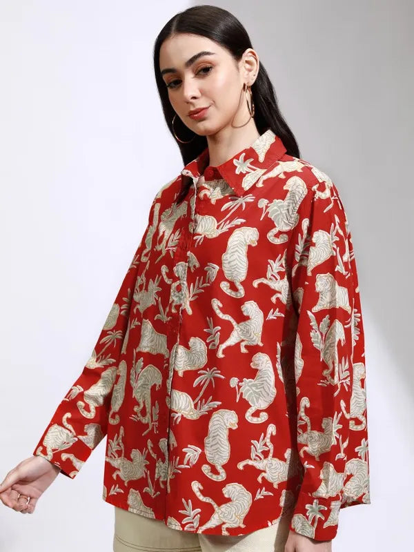 Women Red Printed Oversized Fit Casual Shirt