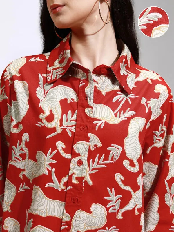Women Red Printed Oversized Fit Casual Shirt