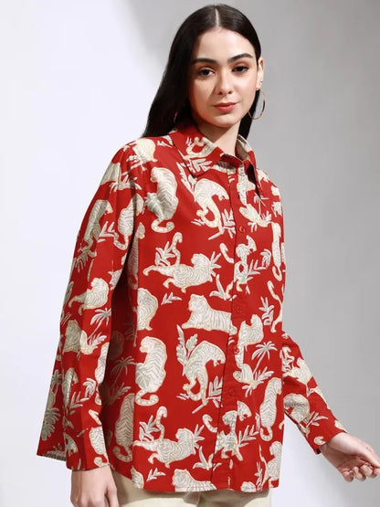 Women Red Printed Oversized Fit Casual Shirt