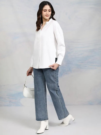 Suburbans  Women White Solid Regular Fit Casual Shirt