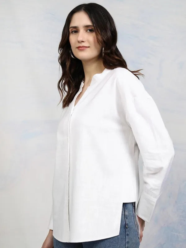 Suburbans  Women White Solid Regular Fit Casual Shirt