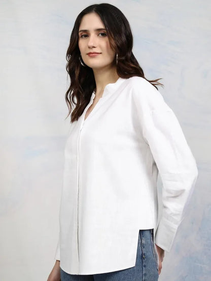 Suburbans  Women White Solid Regular Fit Casual Shirt