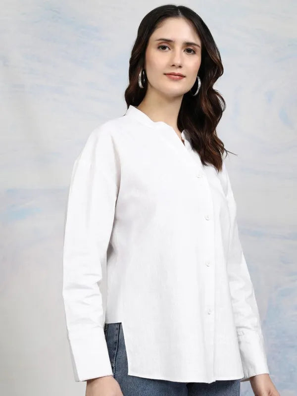 Suburbans  Women White Solid Regular Fit Casual Shirt