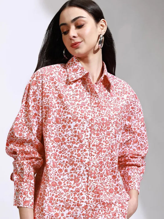 Women Pink Printed Oversized Fit Casual Shirt