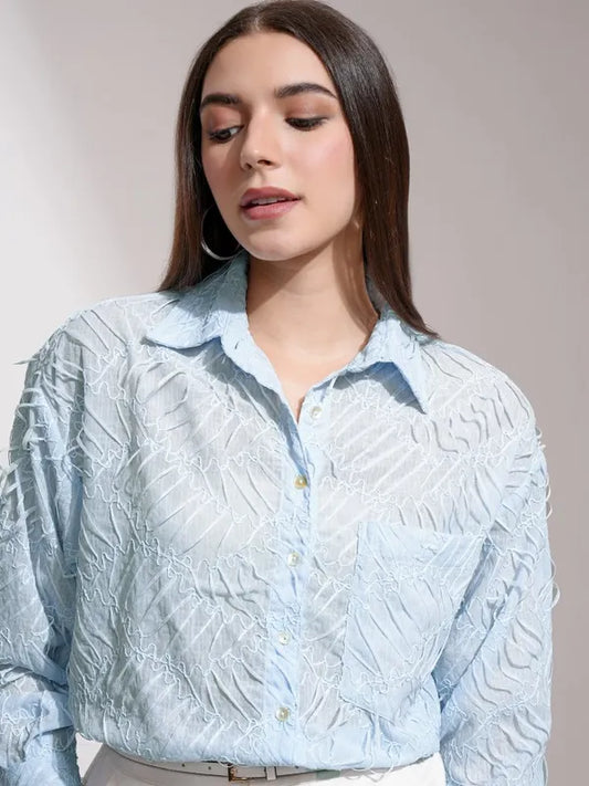 Suburbans   Women Blue Textured Regular Fit Casual Shirt
