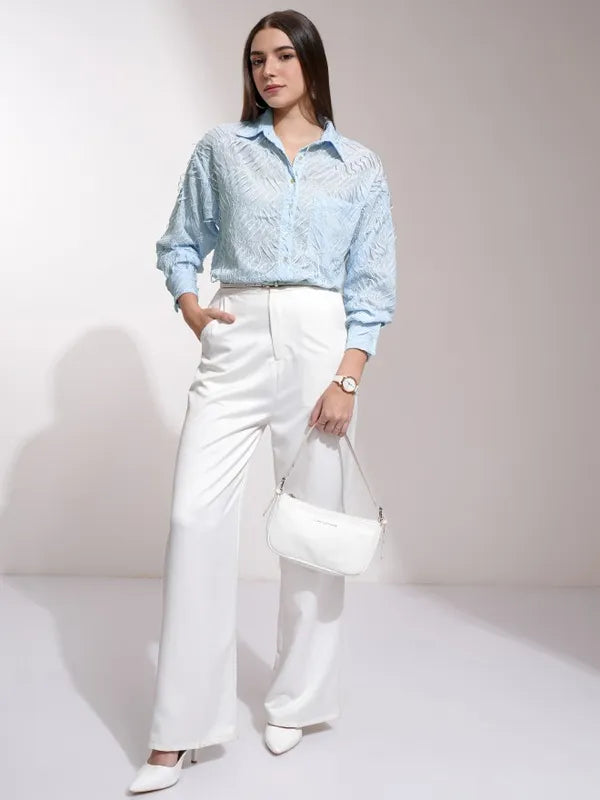 Suburbans   Women Blue Textured Regular Fit Casual Shirt