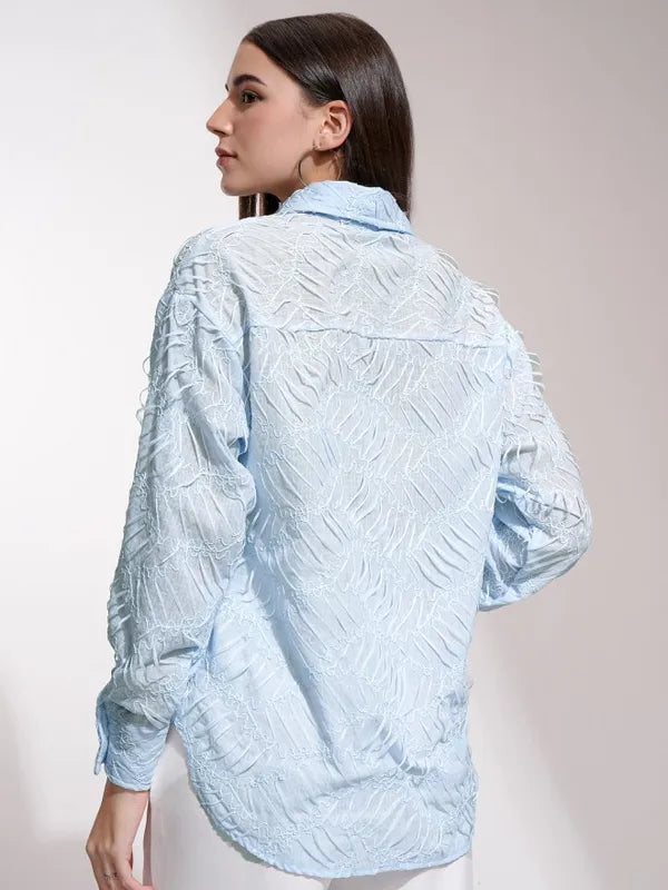 Suburbans   Women Blue Textured Regular Fit Casual Shirt