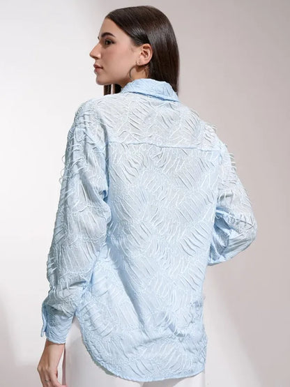 Suburbans   Women Blue Textured Regular Fit Casual Shirt