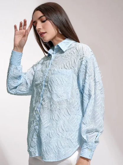 Suburbans   Women Blue Textured Regular Fit Casual Shirt