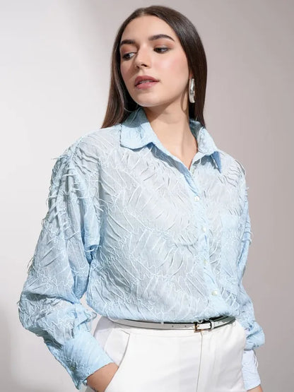 Suburbans   Women Blue Textured Regular Fit Casual Shirt
