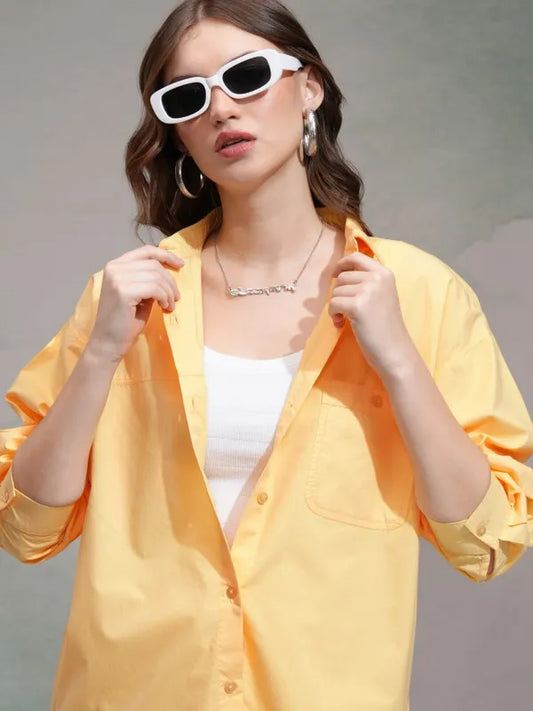 Suburbans   Women Yellow Solid Regular Fit Casual Shirt