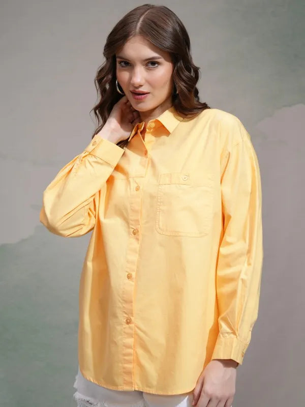 Suburbans   Women Yellow Solid Regular Fit Casual Shirt