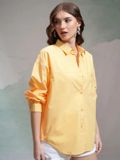 Suburbans   Women Yellow Solid Regular Fit Casual Shirt